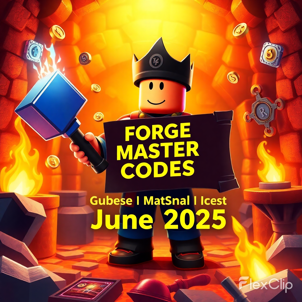 Create a vibrant and eye-catching gaming-themed banner image. The scene should depict a Roblox-style blacksmith character standing in a glowing forge or smithy environment, holding a large magical hammer. Include floating coins, power-up icons (like lightning bolts or XP orbs), and a scroll or digital code box displaying “Forge Master Codes – June 2025” in bold, futuristic font. The background should have fire, molten lava, and metal tools, with a UI-like game interface subtly in the corners to represent Roblox gameplay. Use warm colors like orange, gold, and red to evoke heat and energy. The overall tone should be exciting, modern, and game-related. Image aspect ratio: 16:9.
