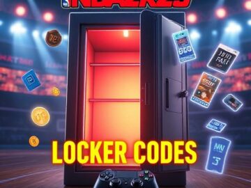 A realistic gaming-themed promotional image showcasing NBA 2K25. Include a virtual basketball court background with dramatic lighting. Display a futuristic locker slightly open with glowing light inside, symbolizing secret rewards. In the foreground, show a game controller and a digital screen displaying "NBA 2K25 Locker Codes" in bold, modern typography. Include floating holographic icons like VC coins, player cards, and MyTEAM pack images. The overall style should be energetic, high-tech, and appealing to gamers.