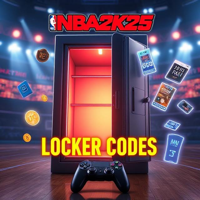 A realistic gaming-themed promotional image showcasing NBA 2K25. Include a virtual basketball court background with dramatic lighting. Display a futuristic locker slightly open with glowing light inside, symbolizing secret rewards. In the foreground, show a game controller and a digital screen displaying "NBA 2K25 Locker Codes" in bold, modern typography. Include floating holographic icons like VC coins, player cards, and MyTEAM pack images. The overall style should be energetic, high-tech, and appealing to gamers.