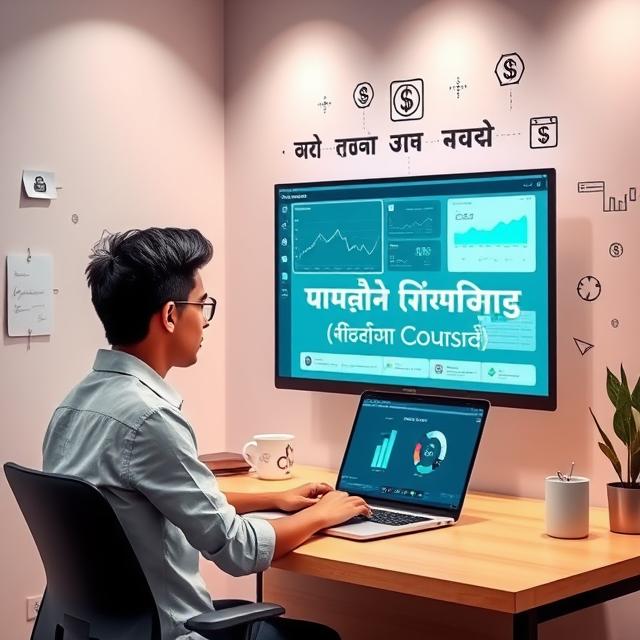 A modern, professional-style digital workspace with a Bengali student (young male or female) sitting at a desk, learning CPA marketing online on a laptop. The screen shows graphs, CPA dashboard, and digital tools. The background has icons of money, affiliate links, and analytics. The atmosphere is inspiring and educational, with soft lighting and a motivational tone. The text "Free CPA Marketing Hidden Course (Bangla)" is subtly displayed in Bengali script on the screen or wall. Style: semi-realistic, tech-focused, clean design.