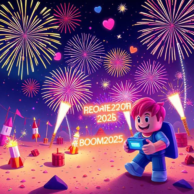 A vibrant, colorful fireworks playground scene at night, featuring cartoon-style rockets, TNT, and sparklers scattered across a digital sandbox environment. The sky is filled with exploding fireworks in various shapes like hearts, stars, and rainbow bursts. A playful gaming character (kid-friendly avatar) is holding a controller while fireworks launch in the background. Include UI elements like "Redeem Code" or "BOOM2025" text glowing on the screen. The environment should feel fun, explosive, and engaging, with bright neon lighting and a fantasy cartoon style. Perfect for a Roblox-style game or mobile app promo banner.